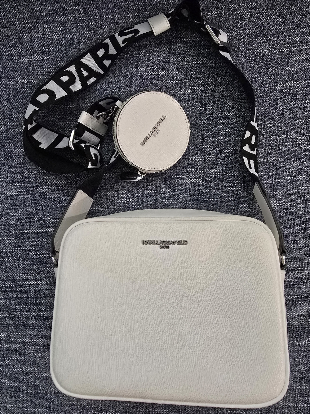 Karl Lagerfeld Cream and Black Logo-Trim Interior Crossbody